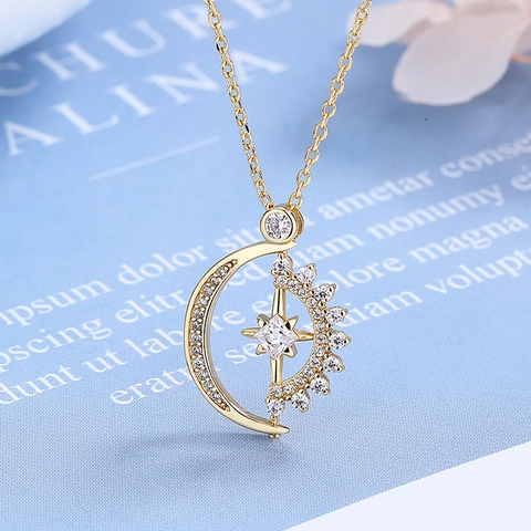 Celestial Moon Star Pendant Necklace Copper With Zircon Rotatable Clavicle Chain Jewelry For Women Elegant Trendy