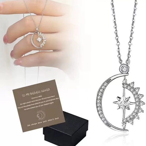 Celestial Moon Star Pendant Necklace Copper With Zircon Rotatable Clavicle Chain Jewelry For Women Elegant Trendy