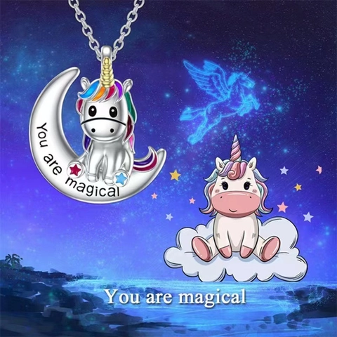 Collar Con Colgante De Unicornio Y Media Luna Cobre Esmalte Colorido Grabado You Are Magical Joyería De Moda Para Mujeres Niñas