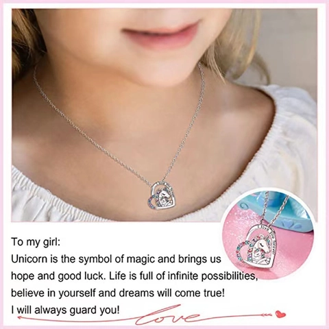 Einhorn Herz Anhänger Halskette Kupfer Bunte Zirkonia Gravur I Love You Forever Schmuck Geschenk Mädchen Frauen