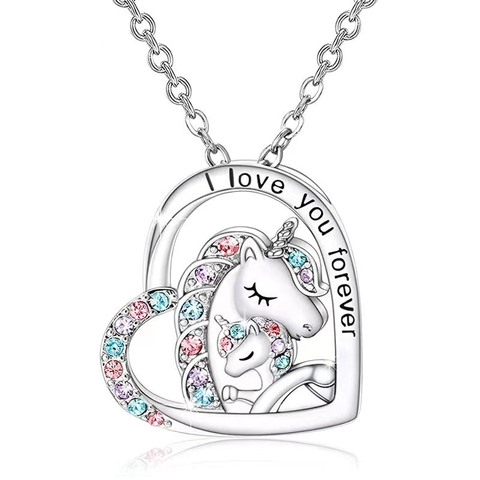 Einhorn Herz Anhänger Halskette Kupfer Bunte Zirkonia Gravur I Love You Forever Schmuck Geschenk Mädchen Frauen