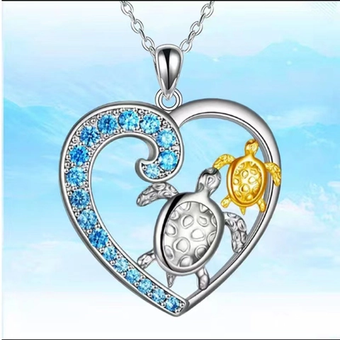 Herz Meeresschildkröte Anhänger Halskette Kupfer Mit Blauem Zirkonia Ozean Strand Schmuck Für Frauen Doppelte Schildkröten