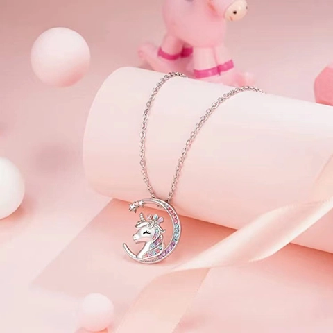 Collana Pendente Unicorno Luna Rame Con Zirconi Multicolore Gioiello Carino Da Sogno Per Bambini Ragazze Regalo
