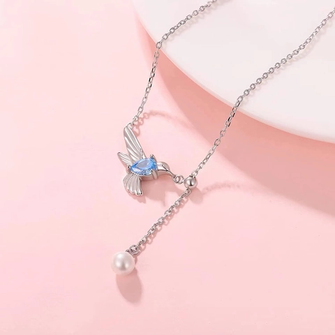 Collana Con Pendente A Forma Di Colibrì In Rame Con Zirconia Cubica Blu E Perla Artificial Gioielli Animali Regolabili Regalo Donna Elegante