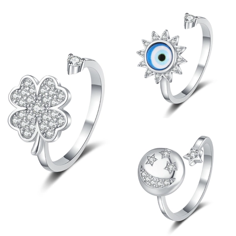 Spinner Rings For Women Anxiety Relief Rotatable Adjustable Copper Cubic Zirconia Clover Evil Eye Star Moon Fashion