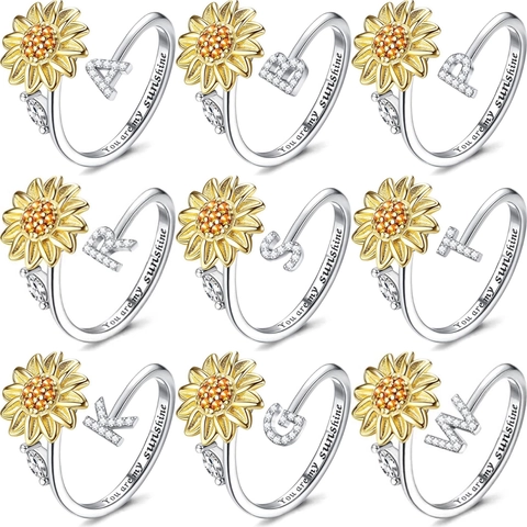 Anillo Girasole Ruotante Lettera Iniziale Rame Zirconia Rotante Anti Ansia Aperto Regolabile Gioielli Donna
