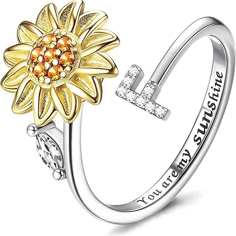 Anillo Girasole Ruotante Lettera Iniziale Rame Zirconia Rotante Anti Ansia Aperto Regolabile Gioielli Donna