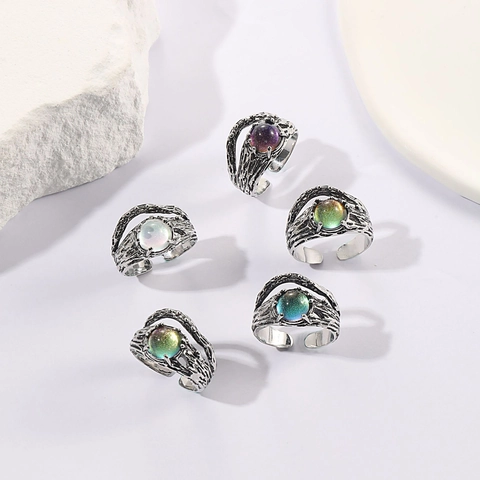 Vintage Sterrenhemel Maansteen Koperen Ring Voor Dames Verstelbaar Open Vinger Sieraden Boomring Textuur Verzilverd Retro