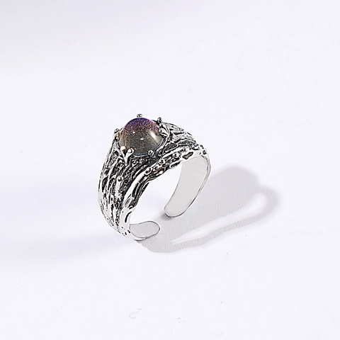 Vintage Sterrenhemel Maansteen Koperen Ring Voor Dames Verstelbaar Open Vinger Sieraden Boomring Textuur Verzilverd Retro