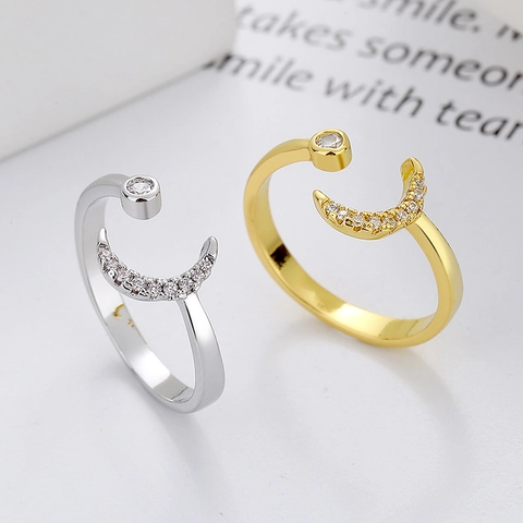 Anello Aperto Regolabile Con Luna E Stella Brillante Rame Zircone Gioielli Da Dito Eleganti Minimalisti Regalo Per Donne