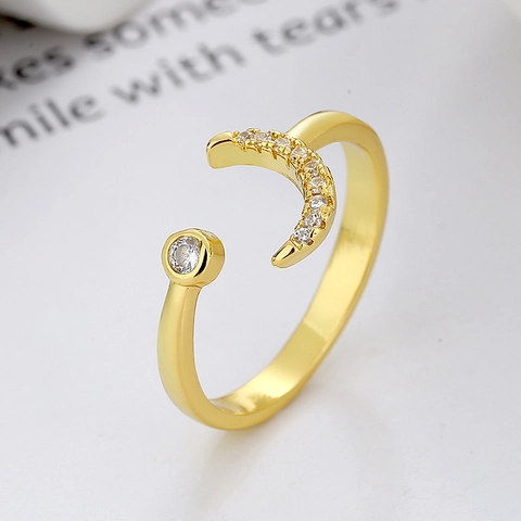 Anello Aperto Regolabile Con Luna E Stella Brillante Rame Zircone Gioielli Da Dito Eleganti Minimalisti Regalo Per Donne