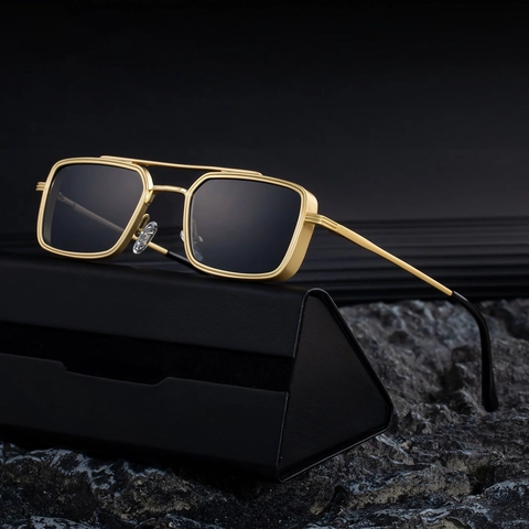 Vintage Square Metal Sunglasses For Men UV400 Protection Double Bridge Punk Style Fashion Outdoor Driving Eyewear