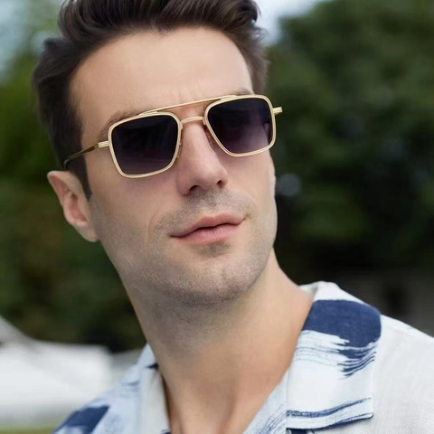 Men Square Sunglasses Vintage Metal Frame Double Bridge UV400 Protection Retro Fashion Shades For Driving Outdoor