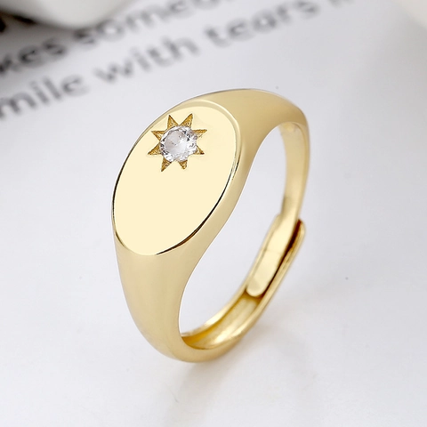 North Star Signet Ring Copper Oval Geometric Zircon Inlaid Adjustable Open Finger Jewelry For Women