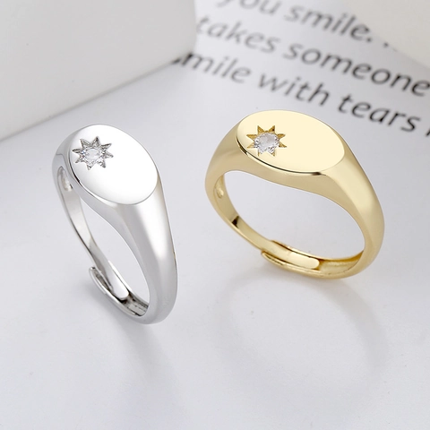 North Star Signet Ring Copper Oval Geometric Zircon Inlaid Adjustable Open Finger Jewelry For Women