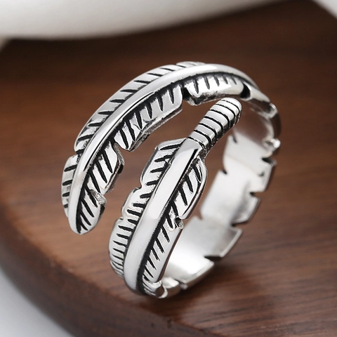 Retro Feather Open Ring Copper Material Adjustable Punk Style Unisex Jewelry Accessory