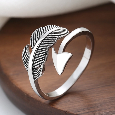 Anillo Abierto Pluma Vintage Cobre Color Plata Ajustable Diseño Flecha Joyería Retro Mujeres Hombres Unisex