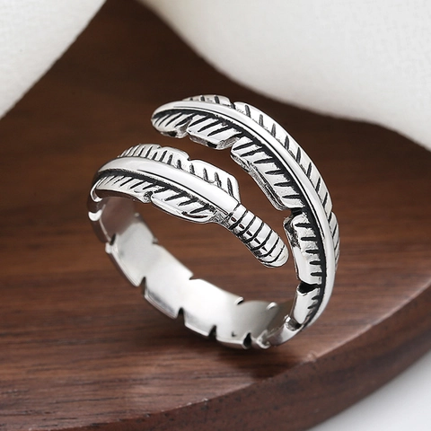 Retro Feather Open Ring Copper Material Adjustable Punk Style Unisex Jewelry Accessory