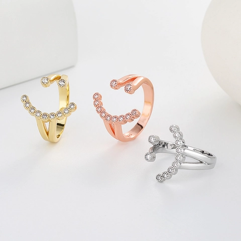 Smiley Face Open Ring Voor Dames Koper Zirkonia Dubbellaags Verstelbaar Gestempeld Sierlijke Minimalistische Sieraden