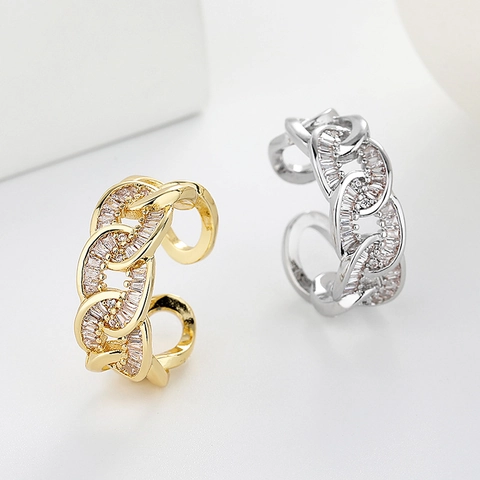 Women Cuban Link Ring Copper Zirconia Inlaid French Style Niche Design Open Adjustable Finger Jewelry