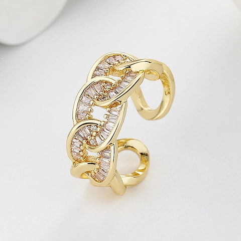 Women Cuban Link Ring Copper Zirconia Inlaid French Style Niche Design Open Adjustable Finger Jewelry