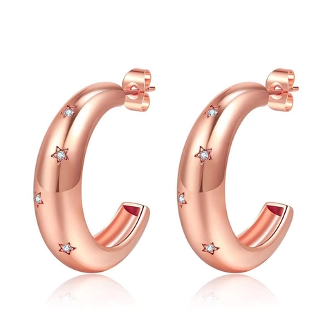 Retro Chunky C-Shaped Hoop Earrings Gold Plated Copper With Cubic Zirconia Star Pattern For Women Elegant Vintage Style