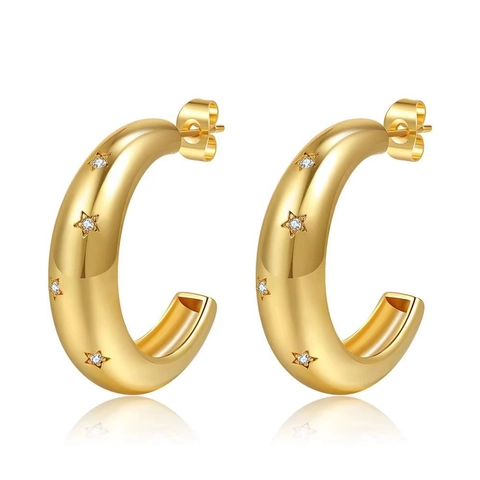 Retro Chunky C-Shaped Hoop Earrings Gold Plated Copper With Cubic Zirconia Star Pattern For Women Elegant Vintage Style