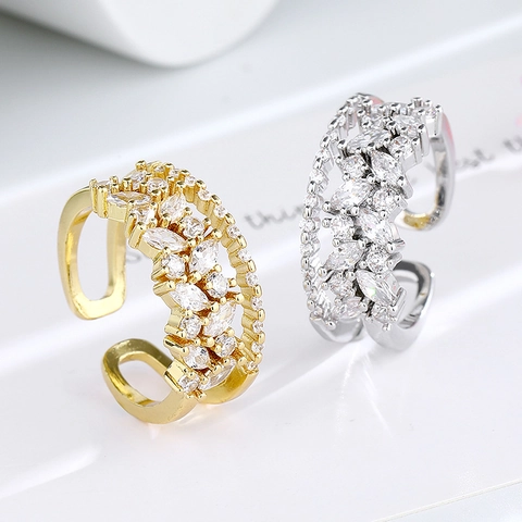 Double Layer Open Adjustable Ring Copper Cubic Zirconia Marquise Round Cut Light Luxury Fashion Jewelry For Women