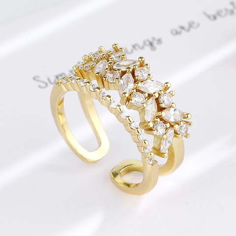 Double Layer Open Adjustable Ring Copper Cubic Zirconia Marquise Round Cut Light Luxury Fashion Jewelry For Women
