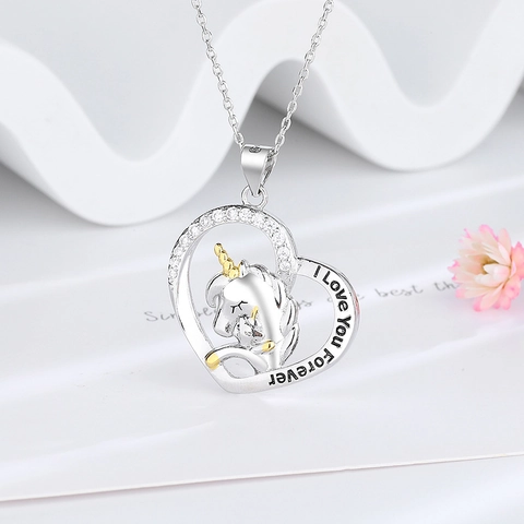 Collana Con Ciondolo Unicorno A Forma Di Cuore Rame Con Zircone Incisione I Love You Forever Gioielli Donna