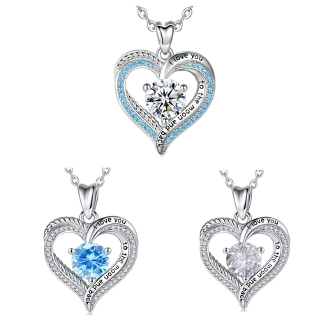 Heart Pendant Necklace Copper With Zirconia Engraved I Love You To The Moon And Back Jewelry Gift For Women Elegant