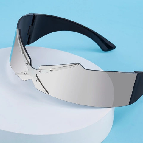 Occhiali Da Sole Shield Senza Montura Lente PC Con Decorazione In Metallo Y2K Cyberpunk Futuristico Per Uomo Donna UV400