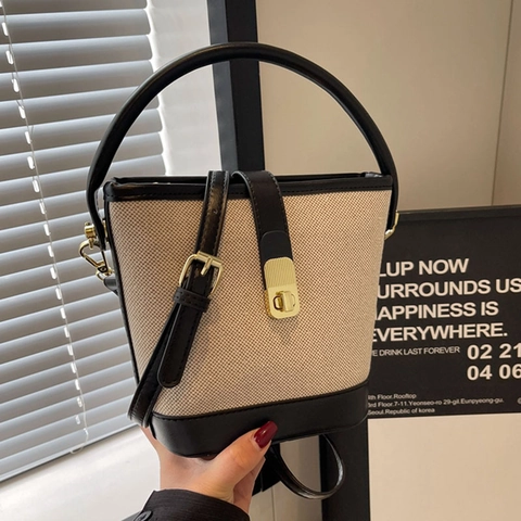 Borsa A Secchiello Donna Tela Pelle PU Patchwork Tracolla Regolabile Mano Crossbody Vintage Minimalista
