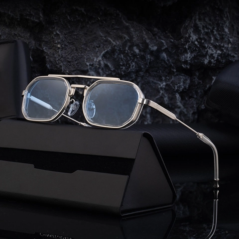 Lunettes De Soleil Rétro Polygonales À Double Pont Monture Métal Protection Uv400 Mode Extérieur Pour Hommes