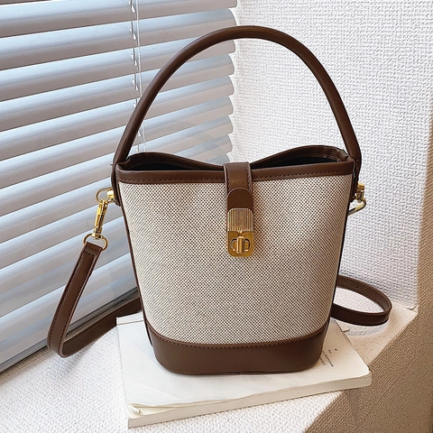 Retro Canvas PU Leather Patchwork Women Bucket Bag Contrast Color Metal Lock Shoulder Crossbody Handbag Minimalist Style