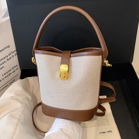 Retro Canvas PU Leather Patchwork Women Bucket Bag Contrast Color Metal Lock Shoulder Crossbody Handbag Minimalist Style