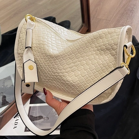 Woven PU Leather Crossbody Hobo Bag With Double Straps Wide Geometric Fabric Belt Retro Small Square Shoulder Handbag