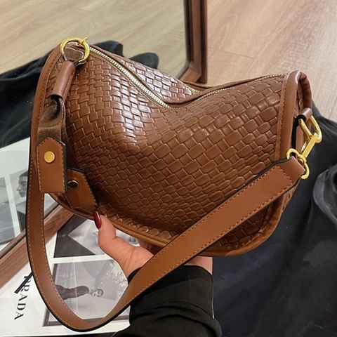 Woven PU Leather Crossbody Hobo Bag With Double Straps Wide Geometric Fabric Belt Retro Small Square Shoulder Handbag