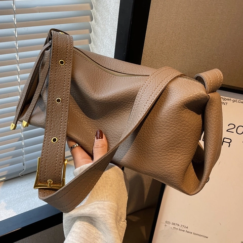 Damen Umhängetasche Litchi Textur PU Leder Verstellbarer Breiter Riemen Goldene Hardware Urban Minimalist Crossbody Tasche