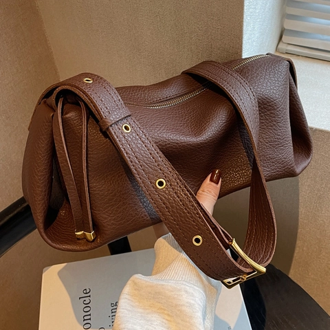 Damen Umhängetasche Litchi Textur PU Leder Verstellbarer Breiter Riemen Goldene Hardware Urban Minimalist Crossbody Tasche