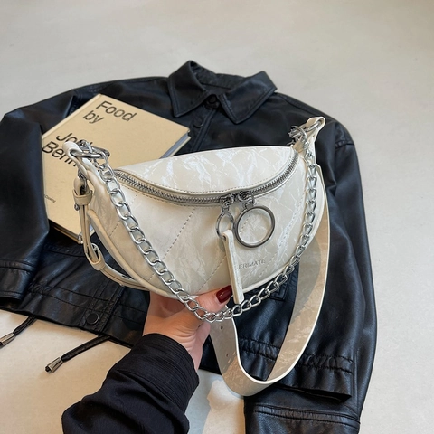 Mode Halbmond Brusttasche Marmortextur PU Leder Umhängetasche Gürteltasche Mit Silberkette Doppelring Reißverschluss