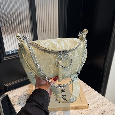 Mode Halbmond Brusttasche Marmortextur PU Leder Umhängetasche Gürteltasche Mit Silberkette Doppelring Reißverschluss
