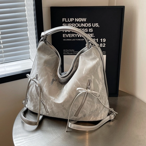 Women Large Capacity Crinkled PU Leather Tote Bag Convertible Backpack With Bow Tie Ribbon Decoration Casual Zippers