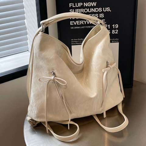 Women Large Capacity Crinkled PU Leather Tote Bag Convertible Backpack With Bow Tie Ribbon Decoration Casual Zippers
