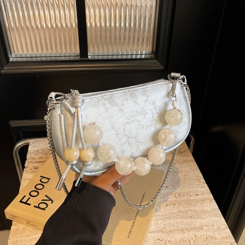 Women Underarm Bag PU Leather Silver Metal Chain Large Beads Decoration Vintage Hobo Baguette Crossbody Bag
