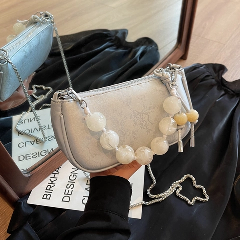 Women Underarm Bag PU Leather Silver Metal Chain Large Beads Decoration Vintage Hobo Baguette Crossbody Bag