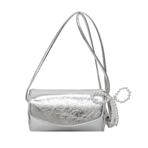 Women Mini Crossbody Bag Crinkled PU Leather Metallic Small Shoulder Bag With Artificial Pearl Bow And Heart Pendant Fashionable