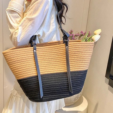 Borsa Tote Intrecciata In Pelle PU Grande Donna Cuciture A Contrasto Borsa A Spalla Stile Spiaggia Estate Vacanze