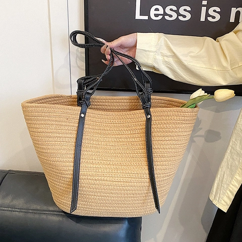 Borsa Tote Intrecciata In Pelle PU Grande Donna Cuciture A Contrasto Borsa A Spalla Stile Spiaggia Estate Vacanze
