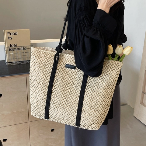 Borsa Tote In Paglia Intrecciata A Mano Maglia Traforata Grande Capacità Vacanze Al Mare Borsa A Mano Da Donna